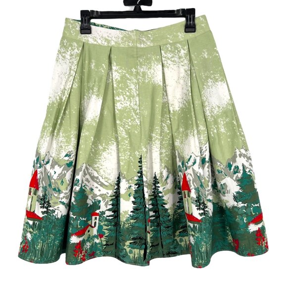Alpine Scenic Winter Print Green Pleated Full A-LIne Skirt Size Large - Picture 1 of 8